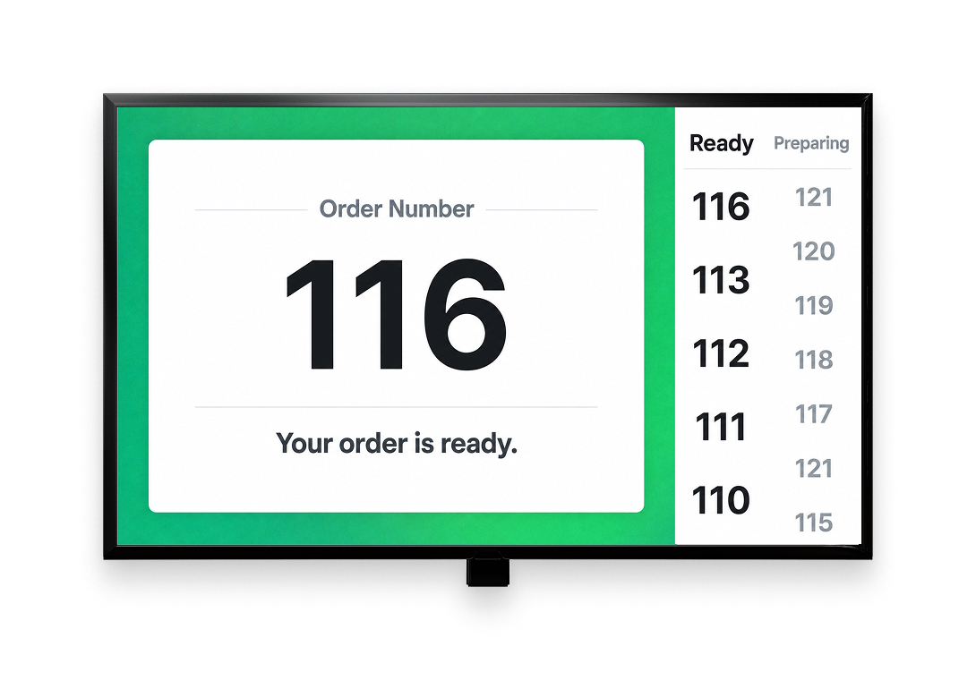Baroder DID screen displaying order numbers and preparation status to indicate pickup availability