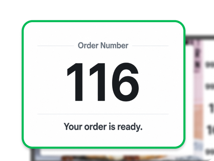 Baroder DID screen displaying order numbers and ready status to guide customer pickup