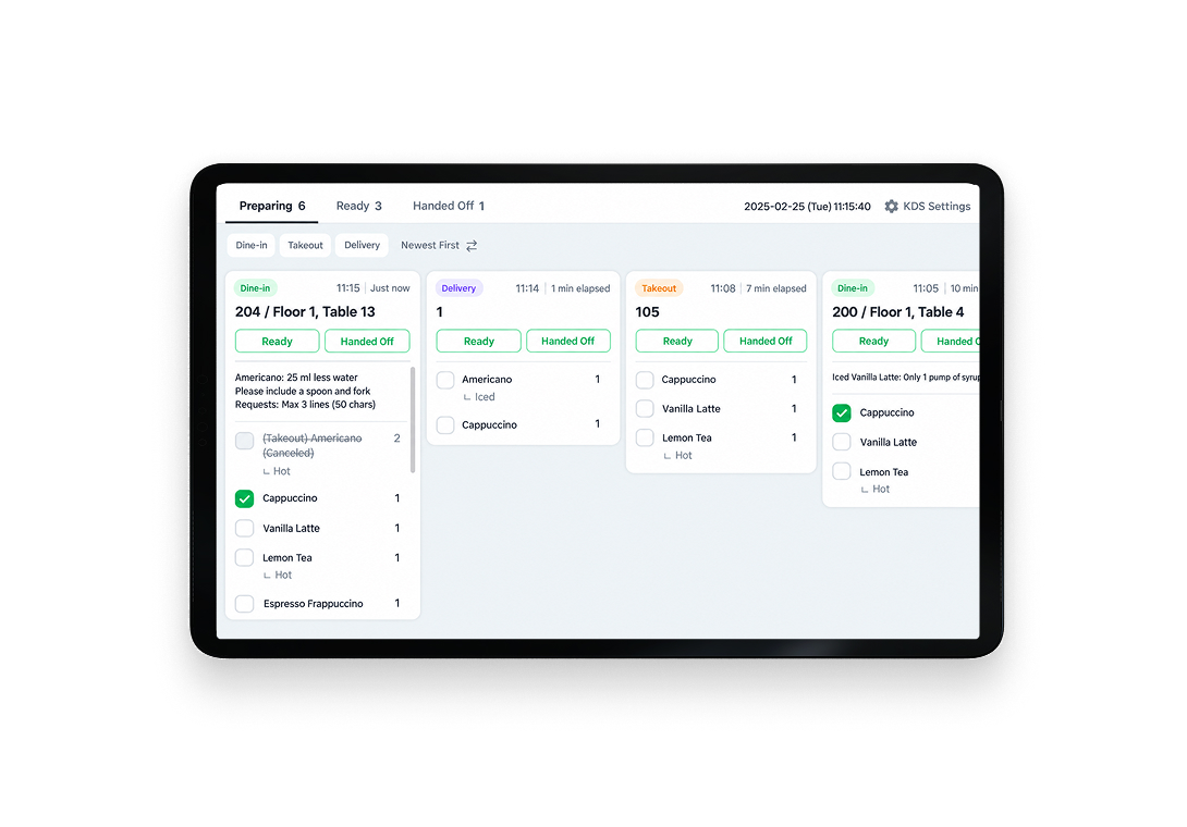 Baroder KDS screen for viewing orders and processing status from multiple ordering channels in one place in the kitchen