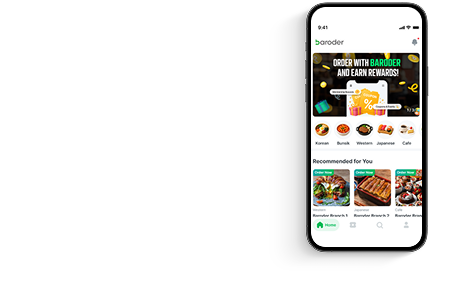 Baroder App screen for finding participating stores, ordering, payment, rewards, and pickup