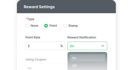 Baroder management screen for setting stamp and point earning rates