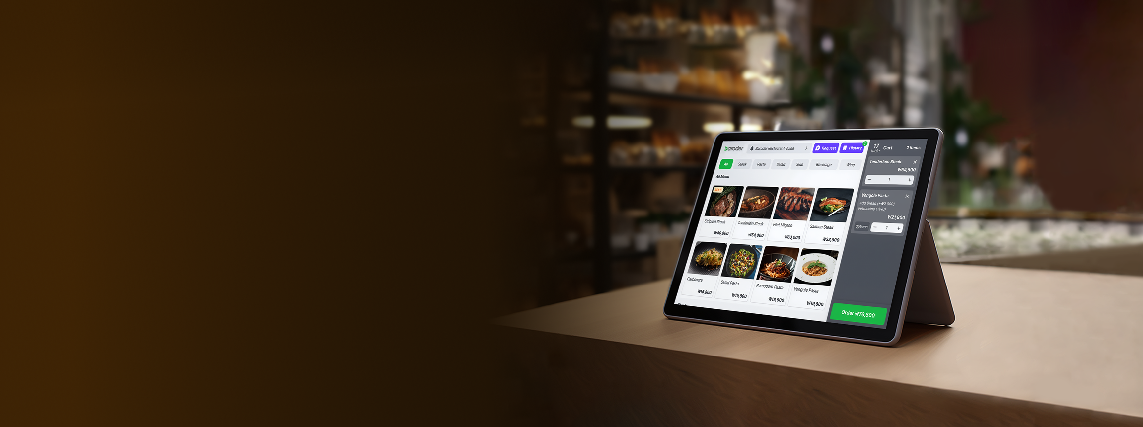 Baroder table ordering system installed at a dining table